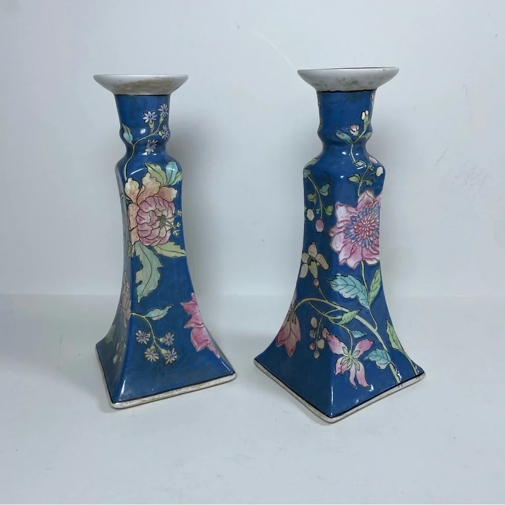 Vintage Chinoiserie Blue and White Floral Japan Ceramic Candlesticks Set of 2